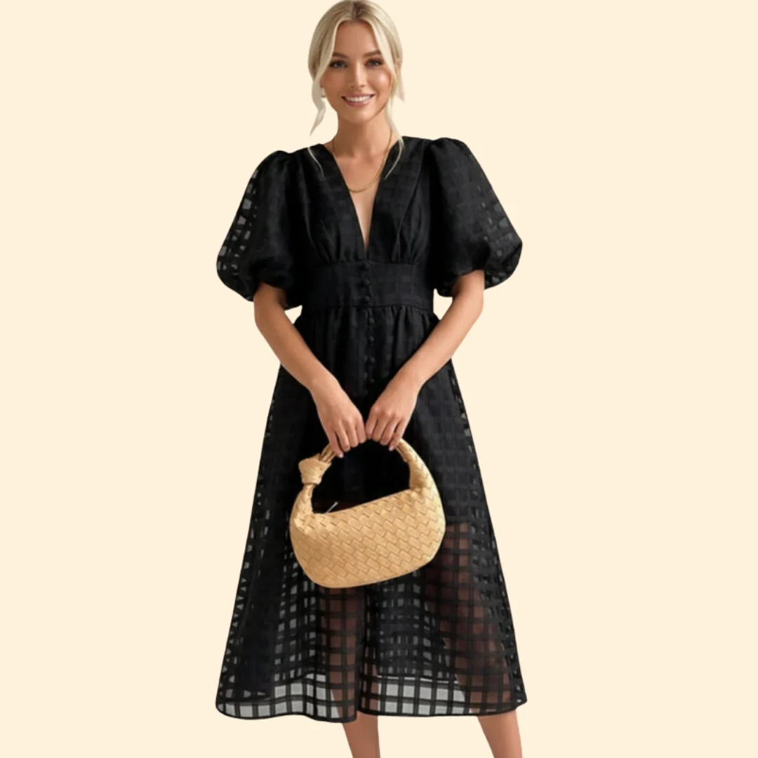 Women’s V-Neck Midi Dress with Grid Pattern - Image 6