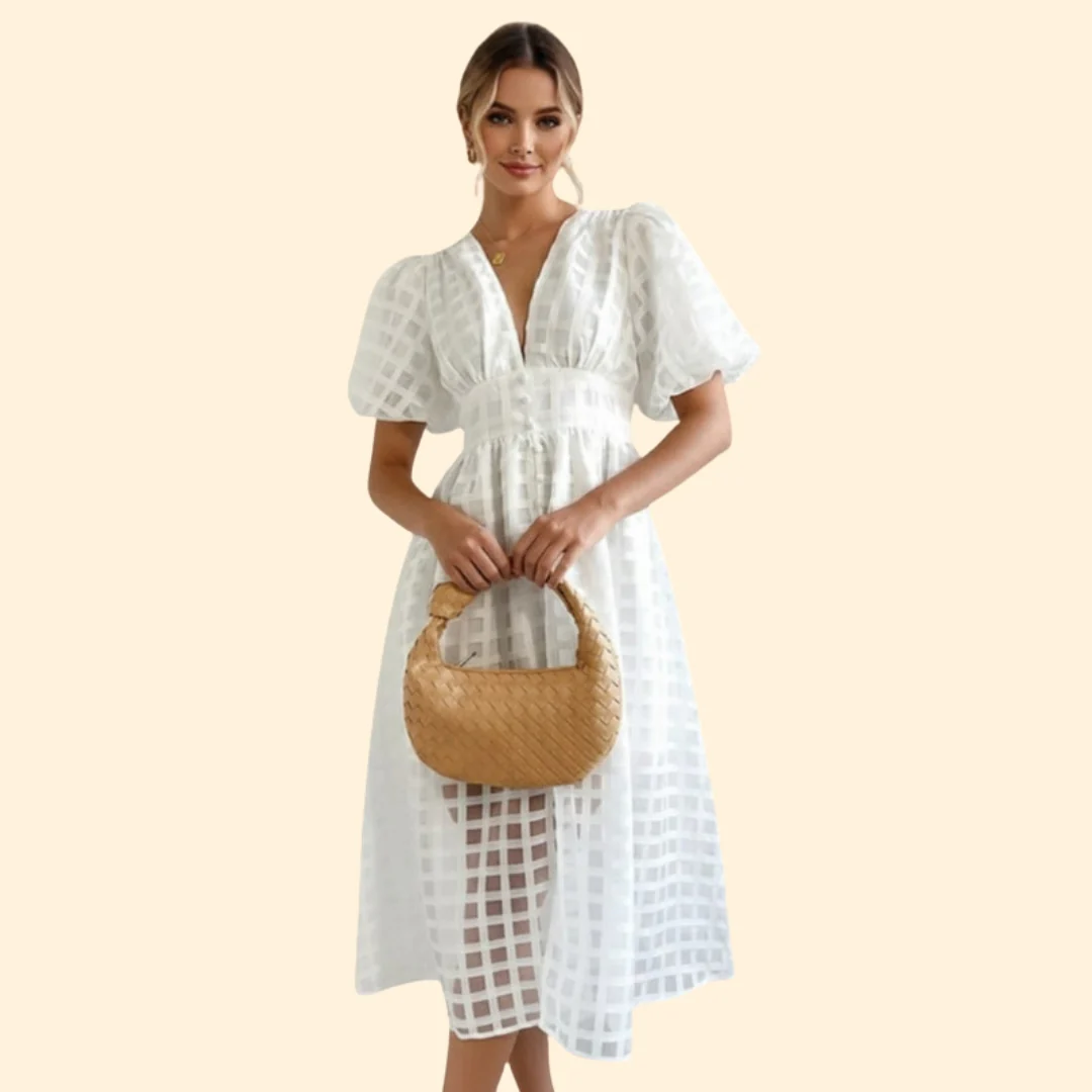 Women’s V-Neck Midi Dress with Grid Pattern - Image 7