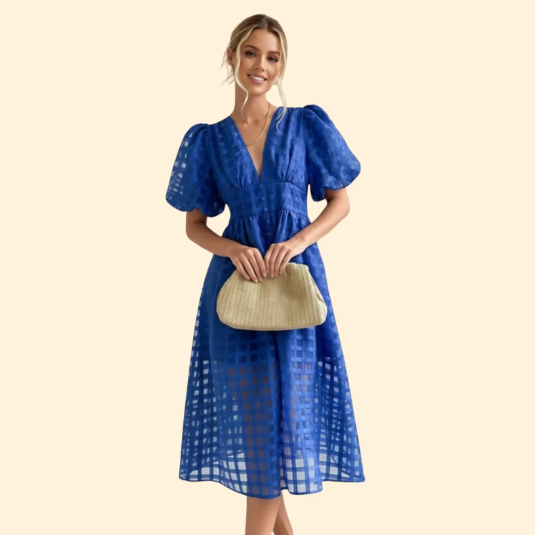 Women’s V-Neck Midi Dress with Grid Pattern - Image 8