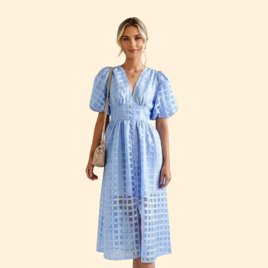 Women’s V-Neck Midi Dress with Grid Pattern - Image 9
