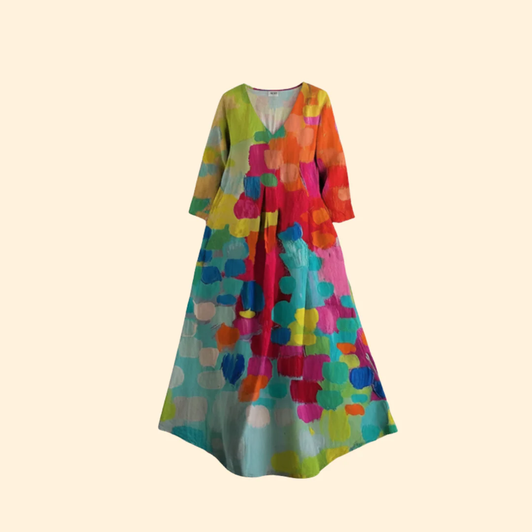 Women’s V-Neck Summer Dress with Colorful Print