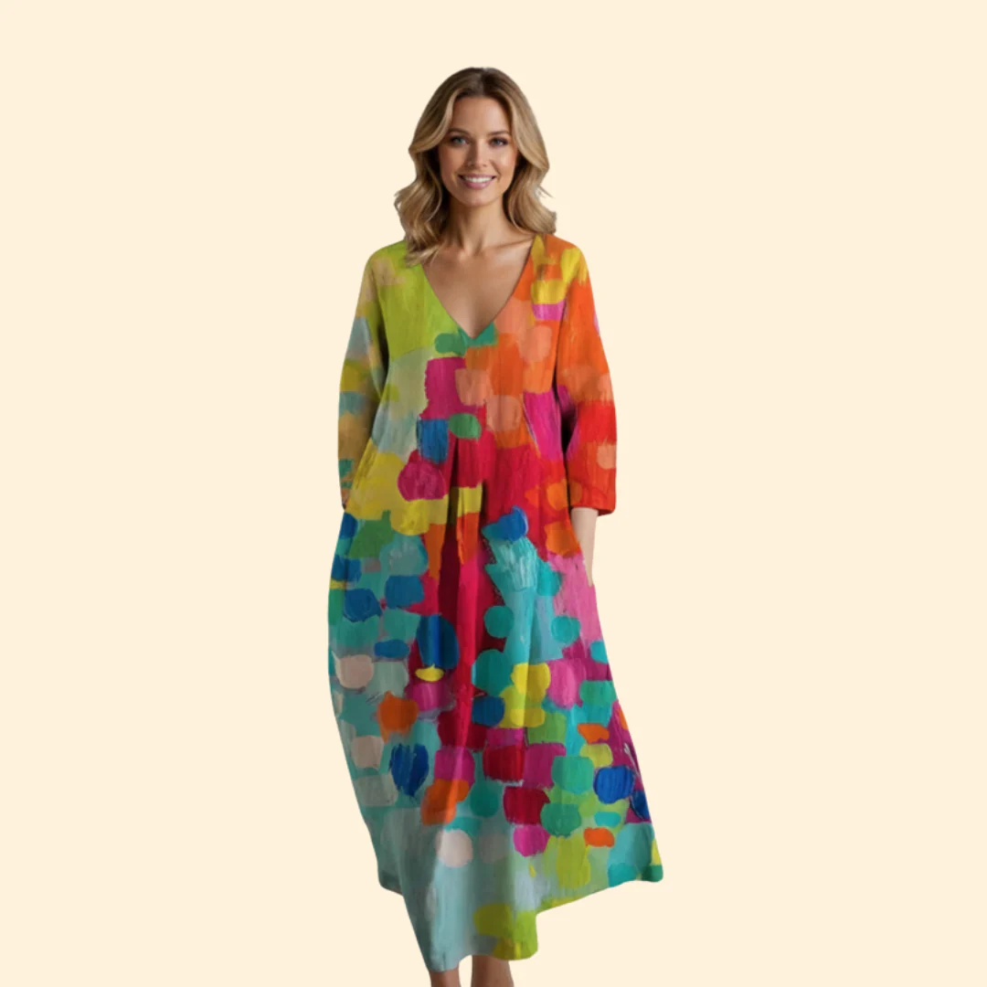 Women’s V-Neck Summer Dress with Colorful Print - Image 2