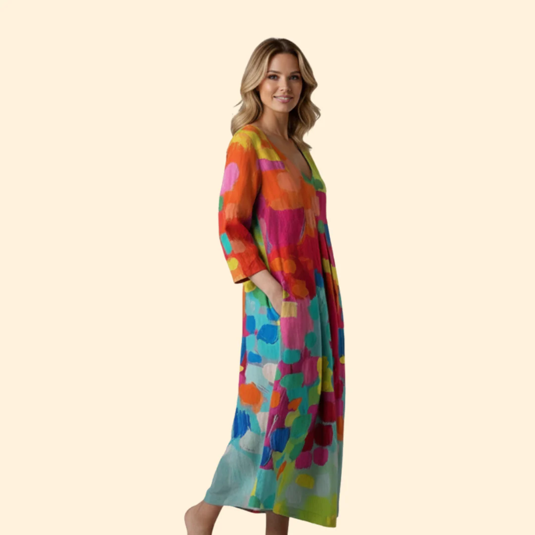 Women’s V-Neck Summer Dress with Colorful Print - Image 3